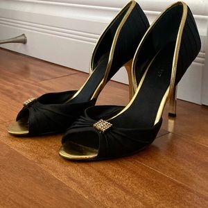 Silky black and gold open toe heels from NineWest